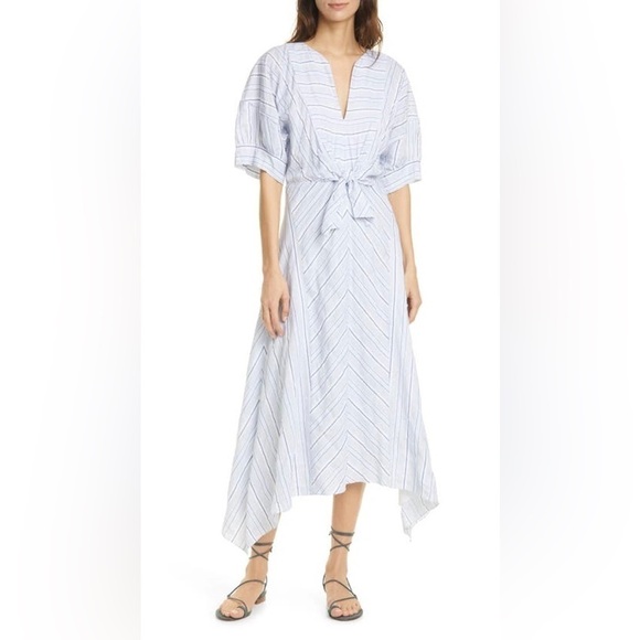 Rebecca Taylor Directional Stripe Belted Cotton Linen Midi Dress Blue White 6 - Picture 1 of 9